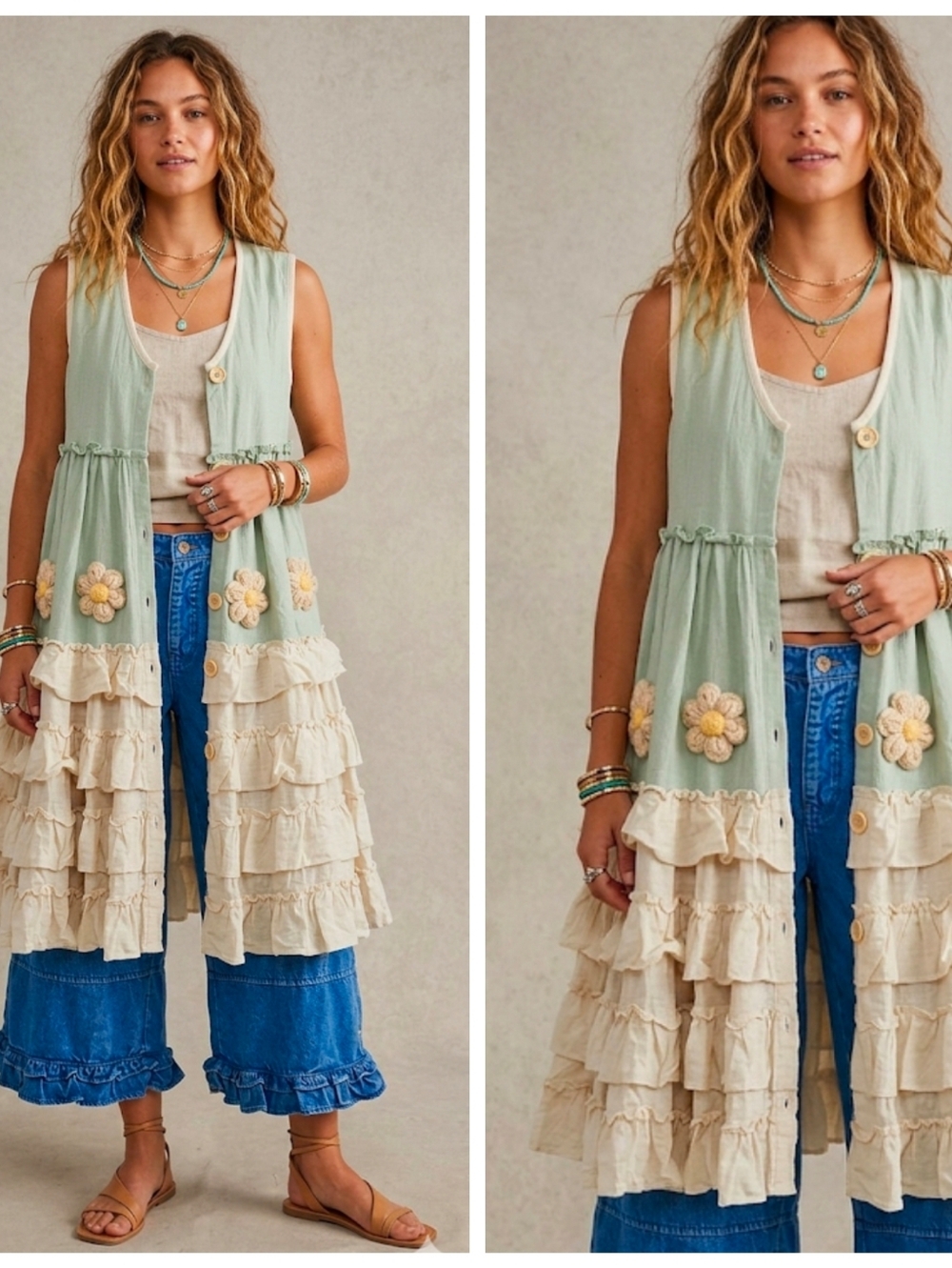 Boho Mint & Cream Ruffle Vest Knit Flowers Duster Or Dress